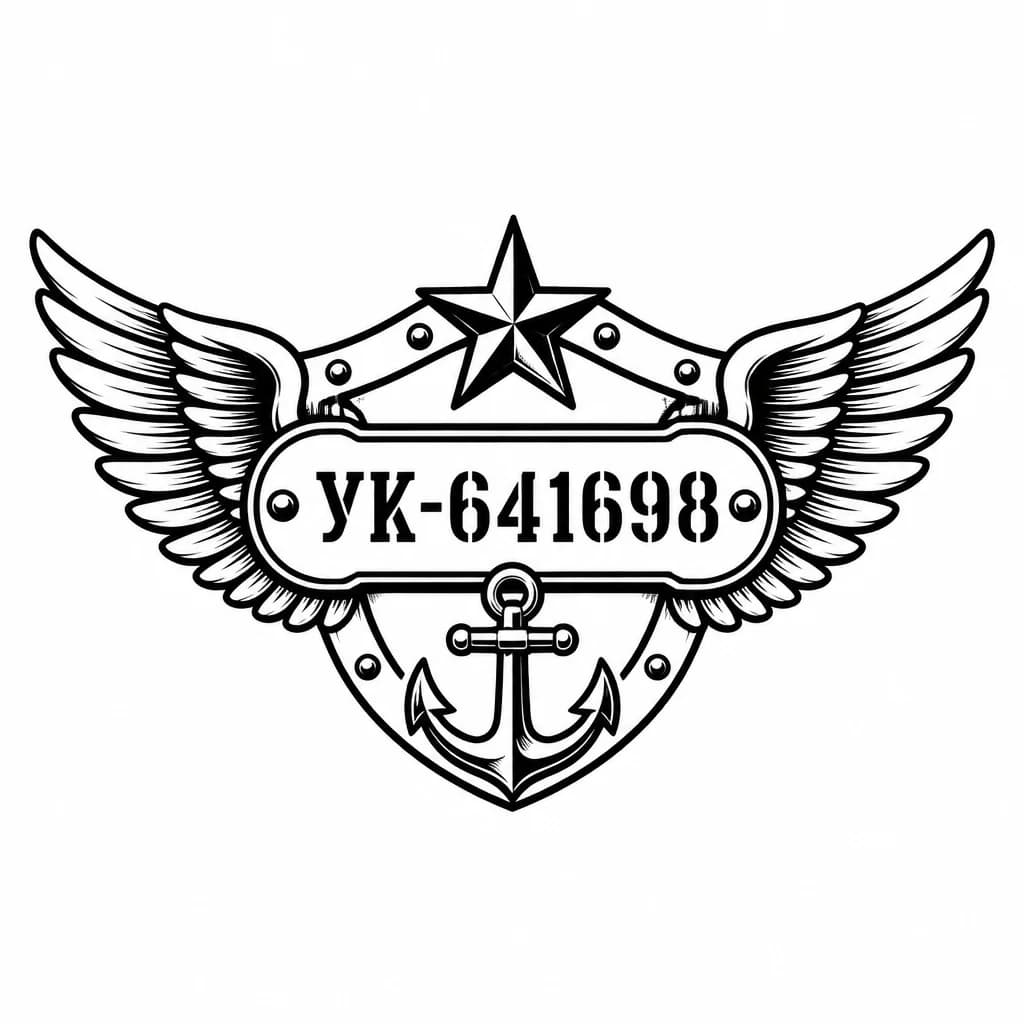 Тату эскиз: Сделай минималистичное тату, с номером УК-641698. Добавь крылья ангела. Пусть тату будет в военном стиле