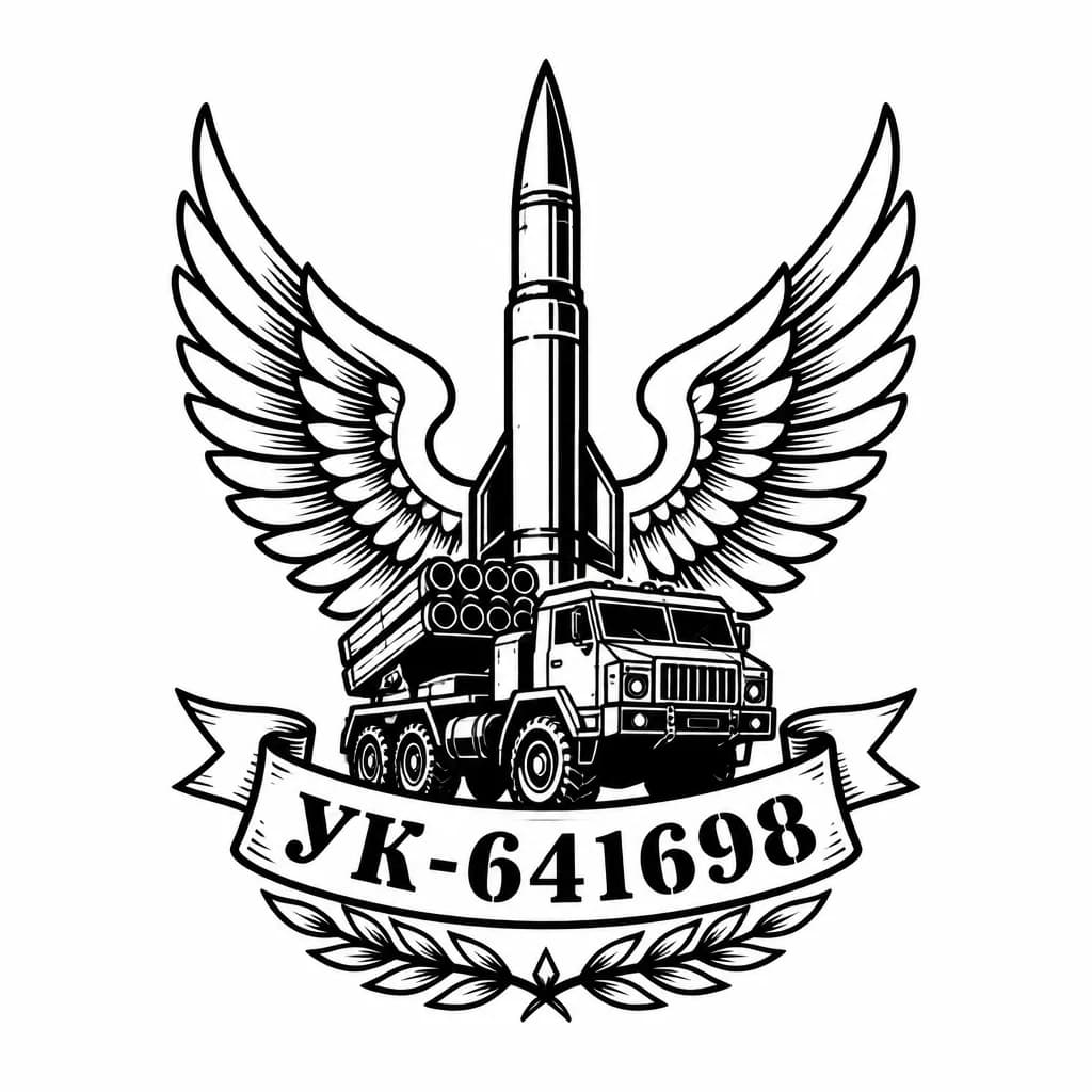 Тату эскиз: Сделай минималистичное тату, с номером УК-641698. Добавь крылья ангела. Пусть тату будет в военном стиле. Войска ракетной артиллерии 