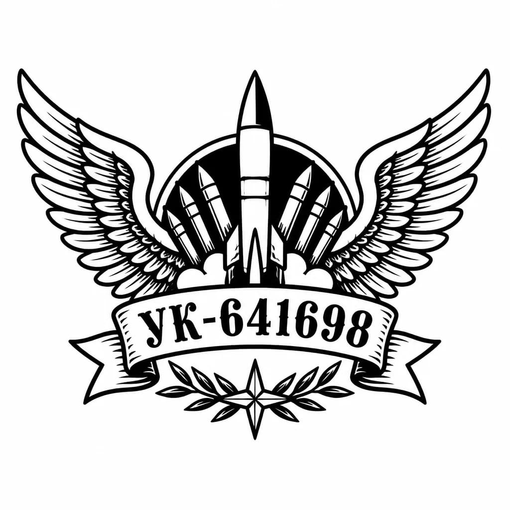 Тату эскиз: Сделай минималистичное тату, с номером УК-641698. Добавь крылья ангела. Добавь элементы Войска ракетной артиллерии 