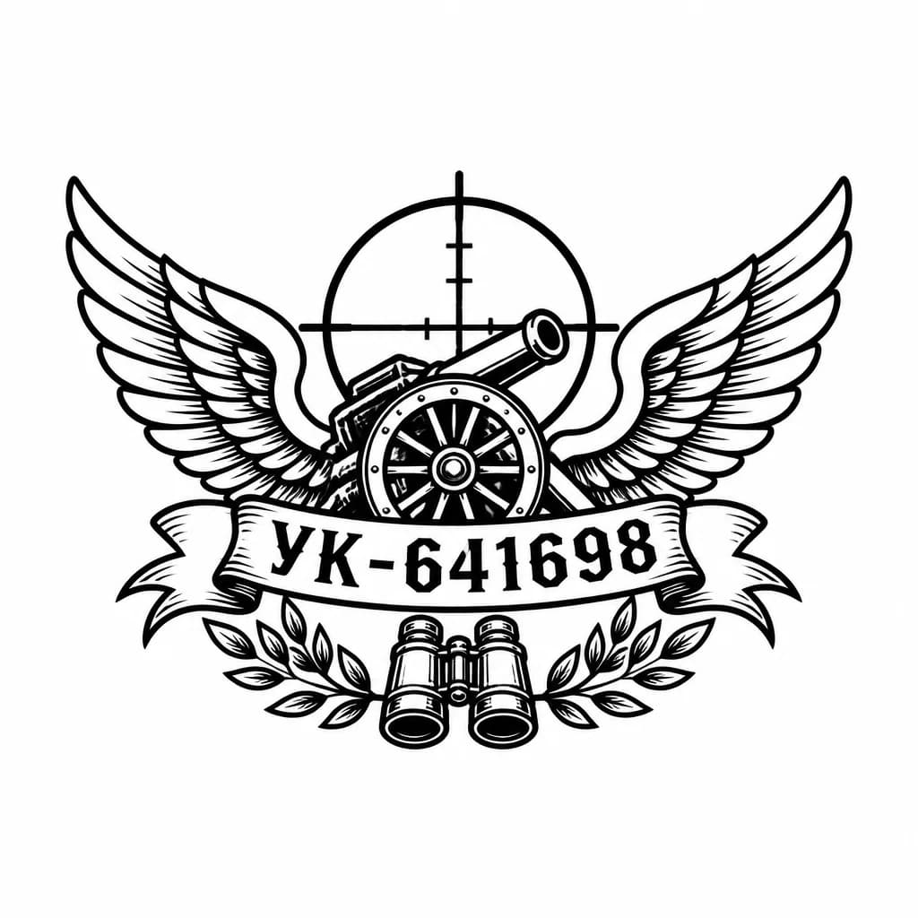 Тату эскиз: Сделай минималистичное тату, с номером УК-641698. Добавь крылья ангела. Добавь элементы Войска артиллерийской разведки