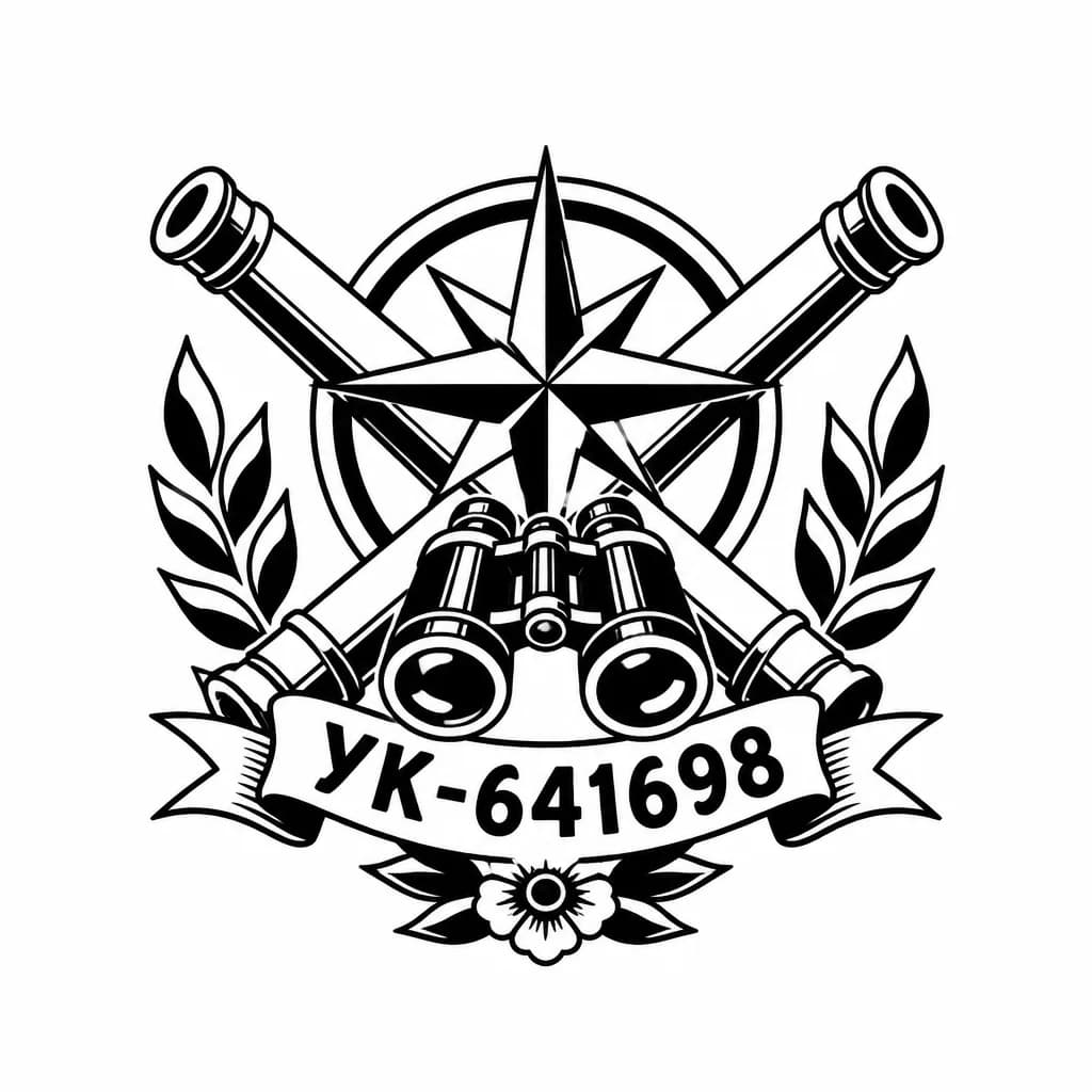 Тату эскиз: Сделай минималистичное тату, с номером УК-641698. Добавь элементы Войска артиллерийской разведки