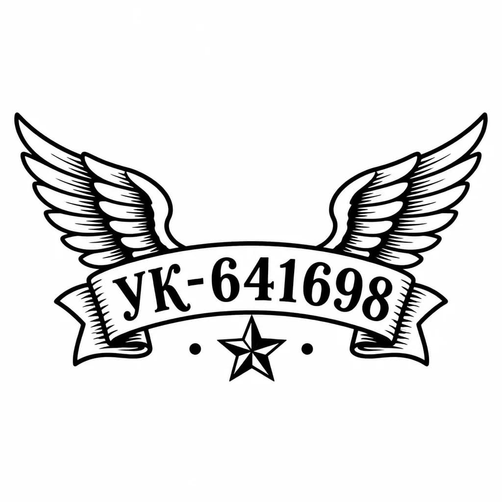 Тату эскиз: Сделай минималистичное тату, с номером УК-641698. Добавь крылья ангела и ласточек