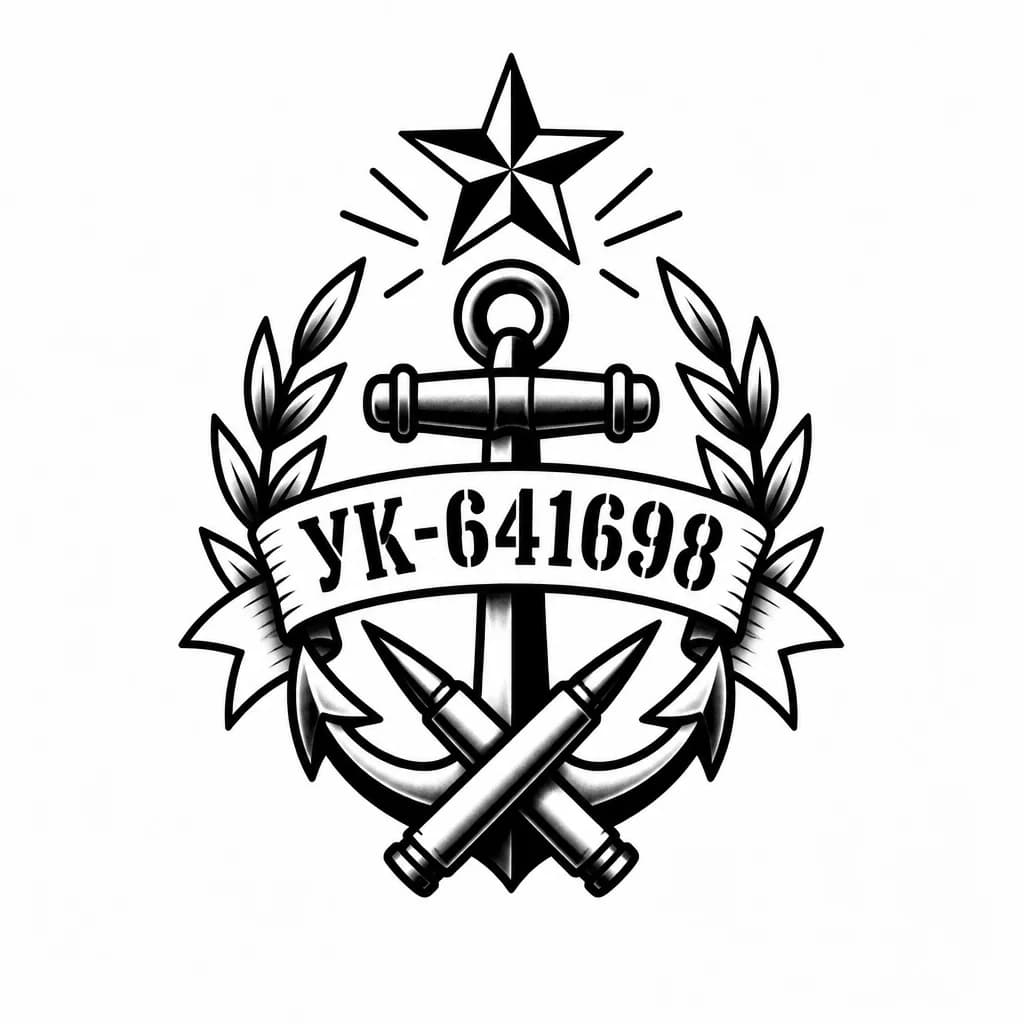 Тату эскиз: Сделай минималистичное тату, с жетоном номером УК-641698. Добавь символичные рисунки военные 