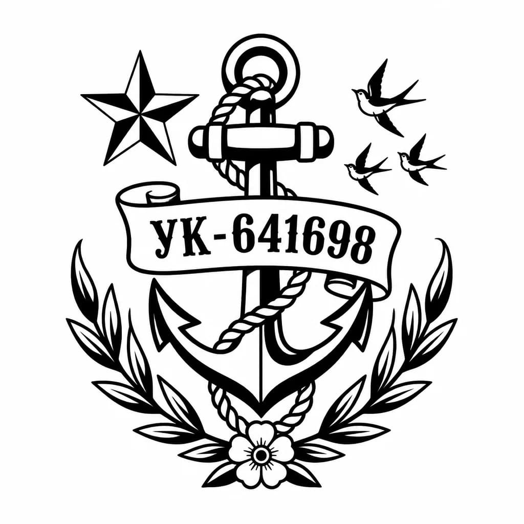 Тату эскиз: Сделай минималистичное тату, с жетоном номером УК-641698. Добавь символичные рисунки  