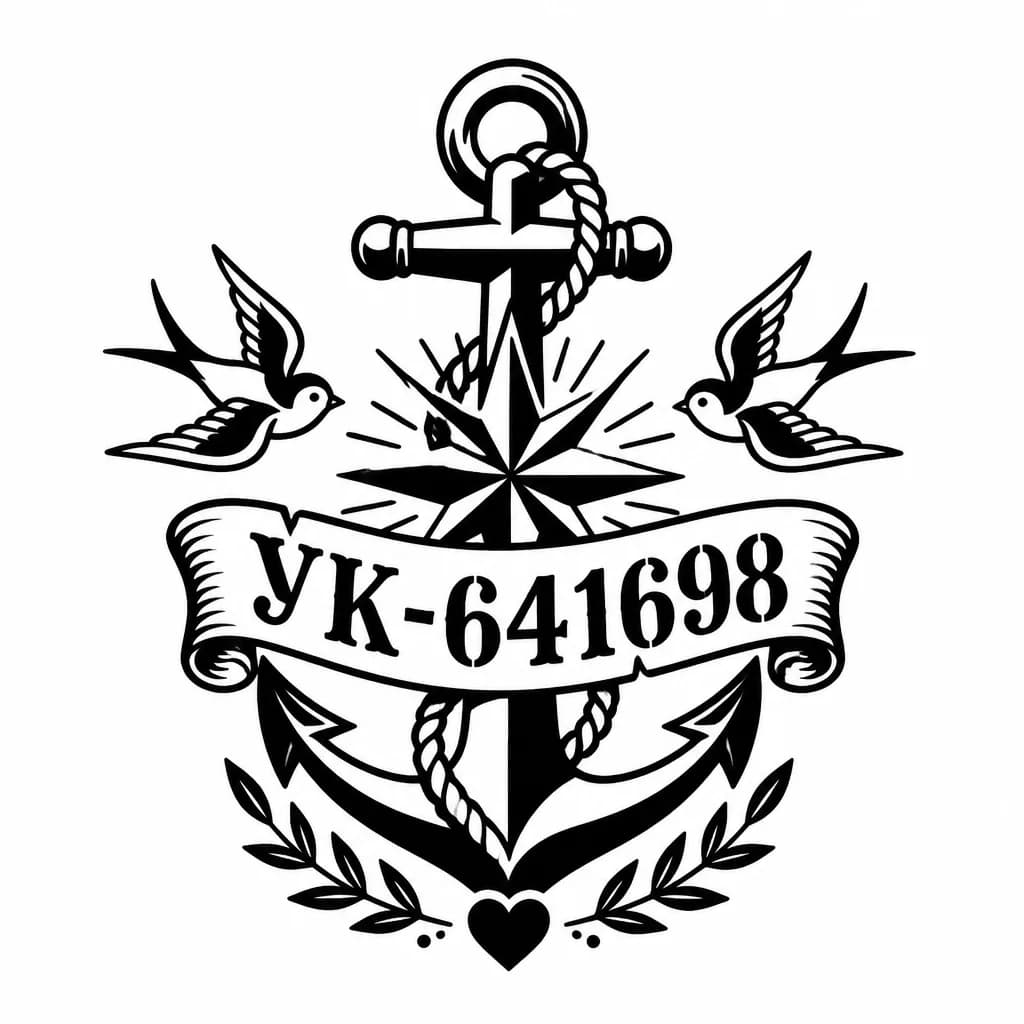 Тату эскиз: Сделай минималистичное тату, с жетоном номером УК-641698. Добавь символичные рисунки  