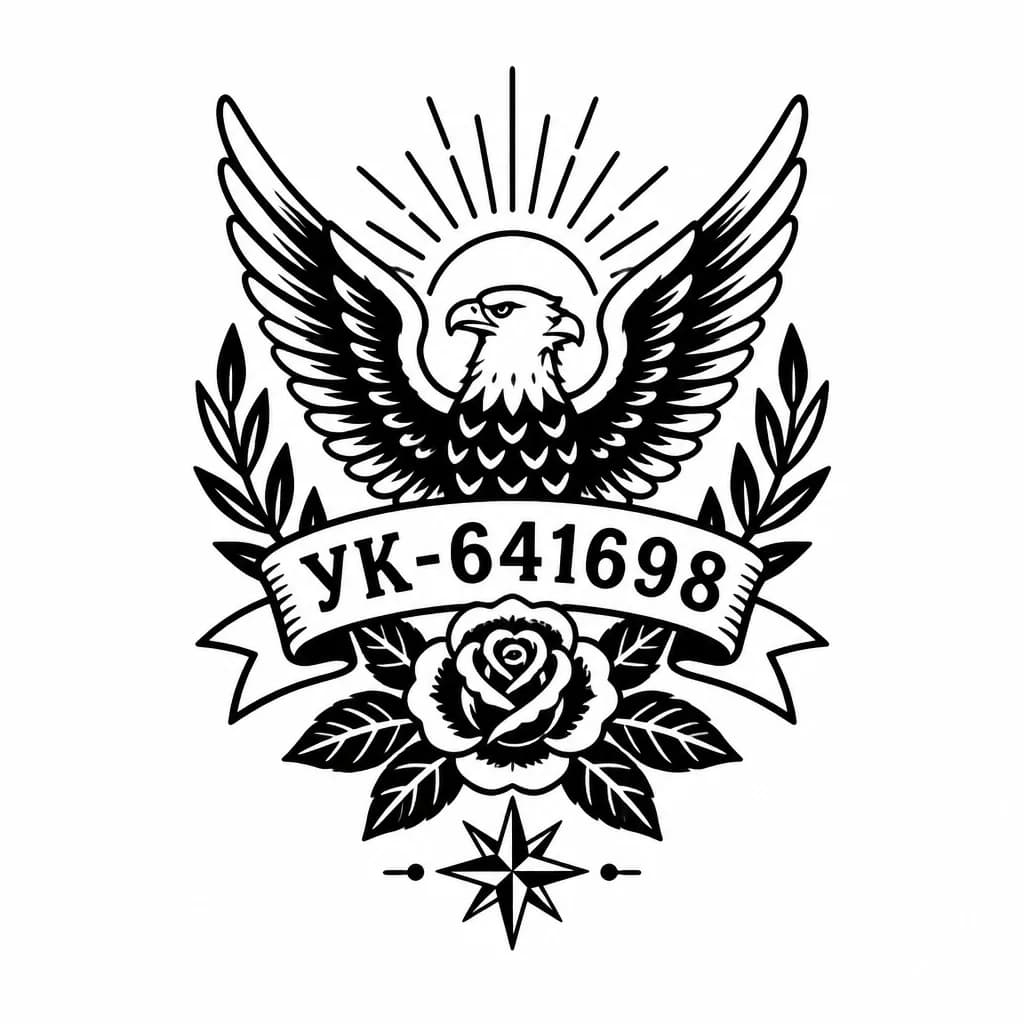 Тату эскиз: Сделай минималистичное тату,  номером УК-641698. Добавь символичные рисунки. Без якорей