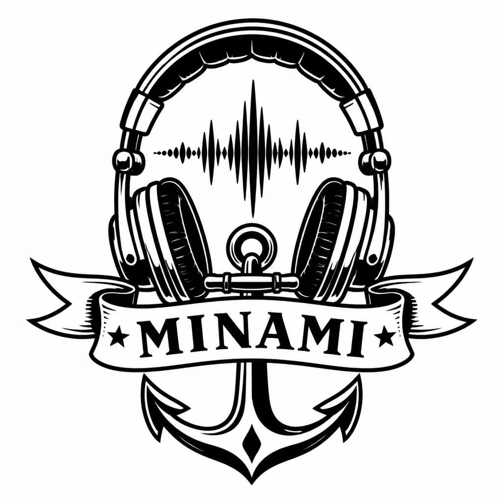 Тату эскиз: Надпись MINAMI с наушниками или аудиродожкой