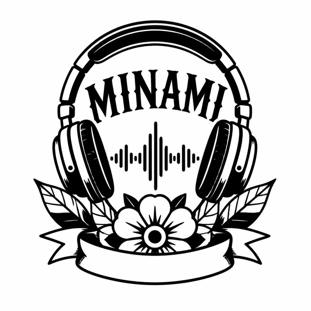 Тату эскиз: Надпись MINAMI с наушниками или аудиродожкой