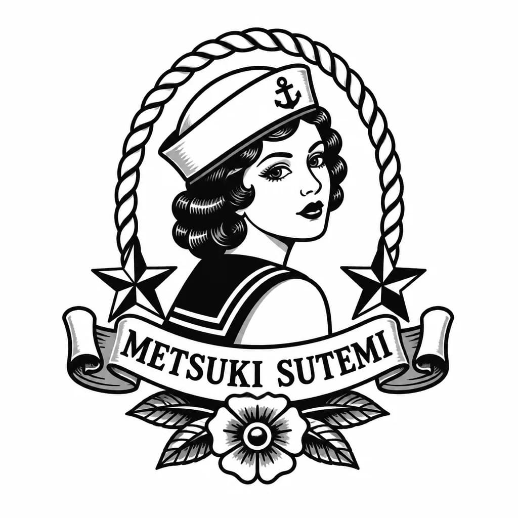 Тату эскиз: Фраза "metsuki sutemi" в латинском стиле

