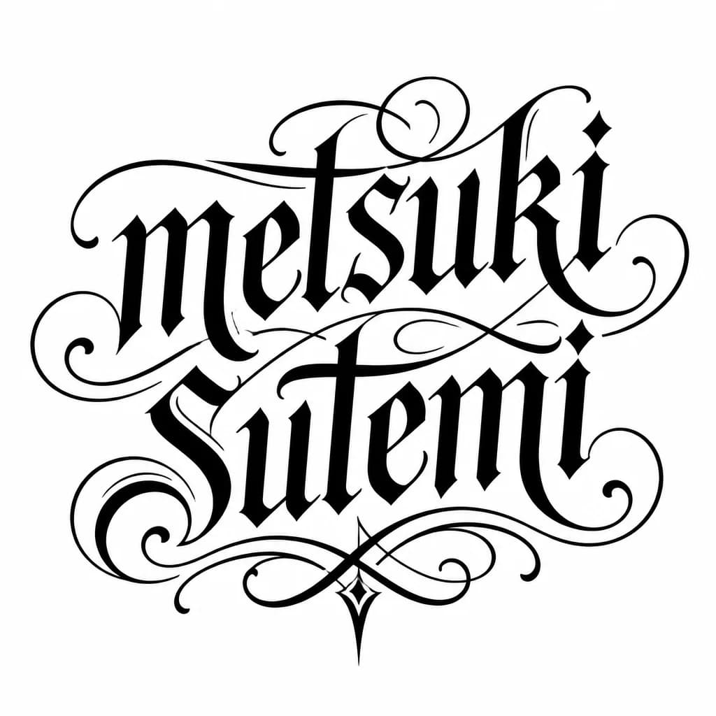 Тату эскиз: Фраза "metsuki sutemi" в латинском стиле

