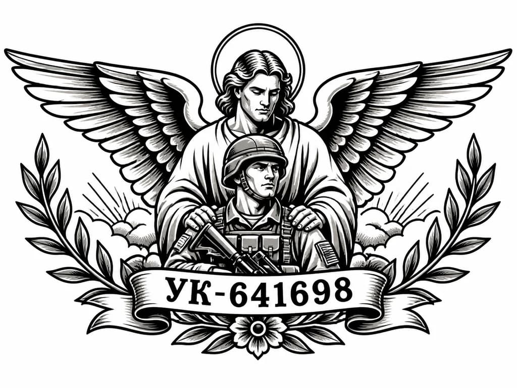 Тату эскиз: Мужественное тату с ангелом хранителем военного