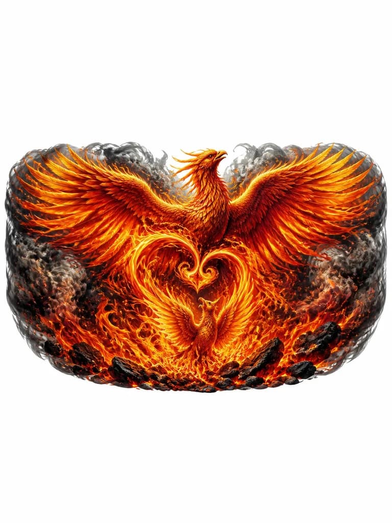 Тату эскиз: Hyper-realistic tattoo design on upper arm/shoulder sleeve. Two phoenixes — one large majestic phoenix with massive spread wings rising upward, and one smaller young phoenix rising from burning coal embers at the bottom. Both birds are rendered in vivid fiery orange, deep red, golden-yellow and amber colors with glowing flame-tipped feathers. Between the two phoenixes, swirling flames form ornate heart-shaped and spiral patterns. Background features soft smoky gray and dark ash tones creating