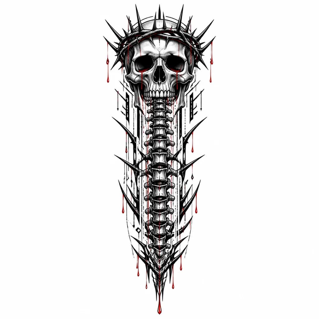 Тату эскиз: Outer forearm tattoo design, from elbow to wrist. Modern neotribal and cyber sigilism style. At the top near the elbow, a detailed human skull wears a sharp crown of thorns. Liquid metal tears are streaming down from the skull's eye sockets. Vivid red blood droplets are dripping from the sharp tips of the thorns. Running vertically down the forearm bone towards the wrist is a stylized human spine. Deep black ink and sharp geometry, with a single bright crimson red color accent for the blood. Cle