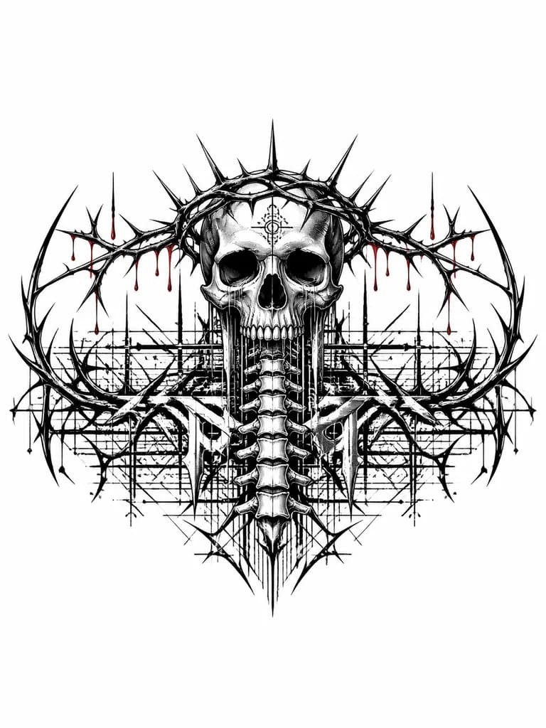 Тату эскиз: Outer forearm tattoo, elbow to wrist. Modern neotribal × cyber sigilism. At the top, a detailed human skull wearing a razor-sharp crown of thorns. Molten chrome tears flow from the eye sockets into cyber sigil lines. Bright crimson blood drips from the thorn tips, the only color accent. A stylized human spine runs down the center, gradually merging into tribal geometry. Blackwork, high contrast, clean negative space, white background, tattoo flash sheet, stencil-ready.