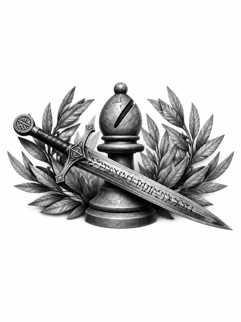 Тату эскиз: Перекрещенная шахматная фигура слона с двуручным европейским мечом, на котором есть руны. На фоне лавровых листов