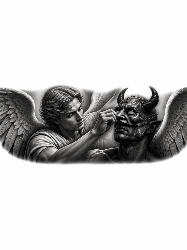 Тату эскиз: Ангел который снимает маску дьявола 
