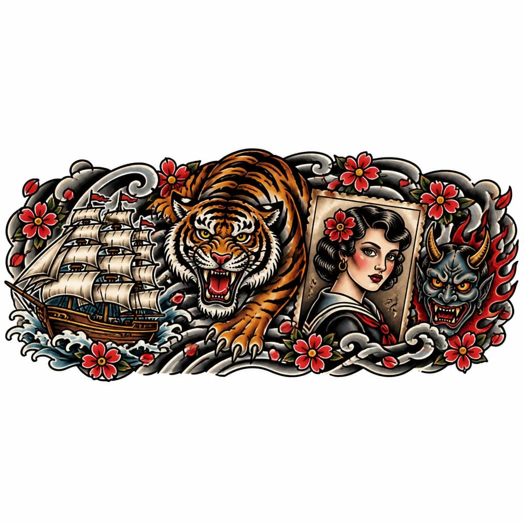 Тату эскиз: Professional tattoo sleeve design, neo-traditional tiger at the top flowing into a traditional American style pin-up girl and demon at the bottom, connected by Japanese wind-bars and red cherry blossoms, cohesive composition, tattoo flash art, high quality.