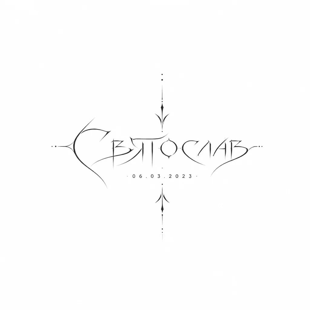 Тату эскиз: тату эскиз имя Святослав красивым непонятным шрифтом и датой маленькими цифрами 06.03.2023
