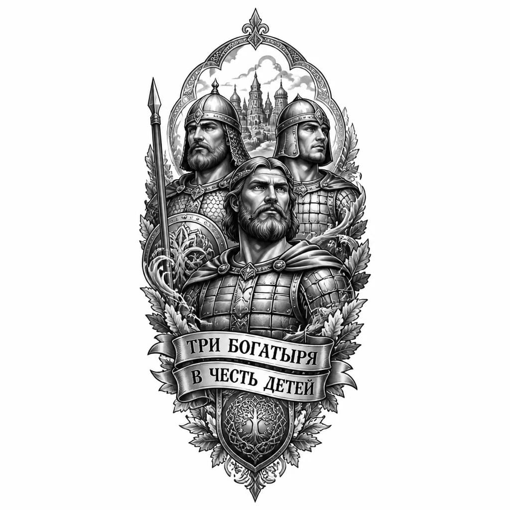 Тату эскиз: Три богатыря
В честь детей