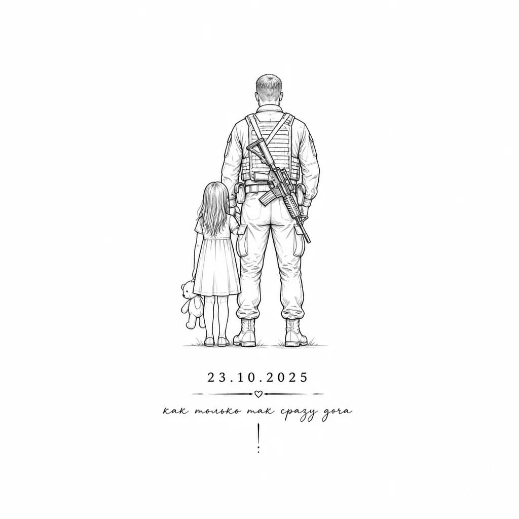 Тату эскиз: Мужчина военный с оружием стоит спиной,рядом стоит девочка подросток