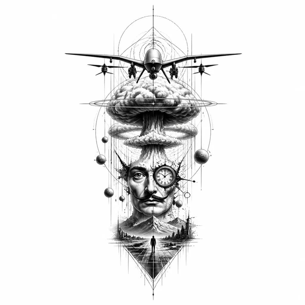 Тату эскиз: Abstract geometric composition featuring UAV drone and nuclear explosion mushroom cloud, Fallout universe elements, black and white line art, symmetrical design, minimalist geometric shapes blending technology and destruction, clean architectural style, tattoo flash sheet illustration, white background, high contrast, clean lines
