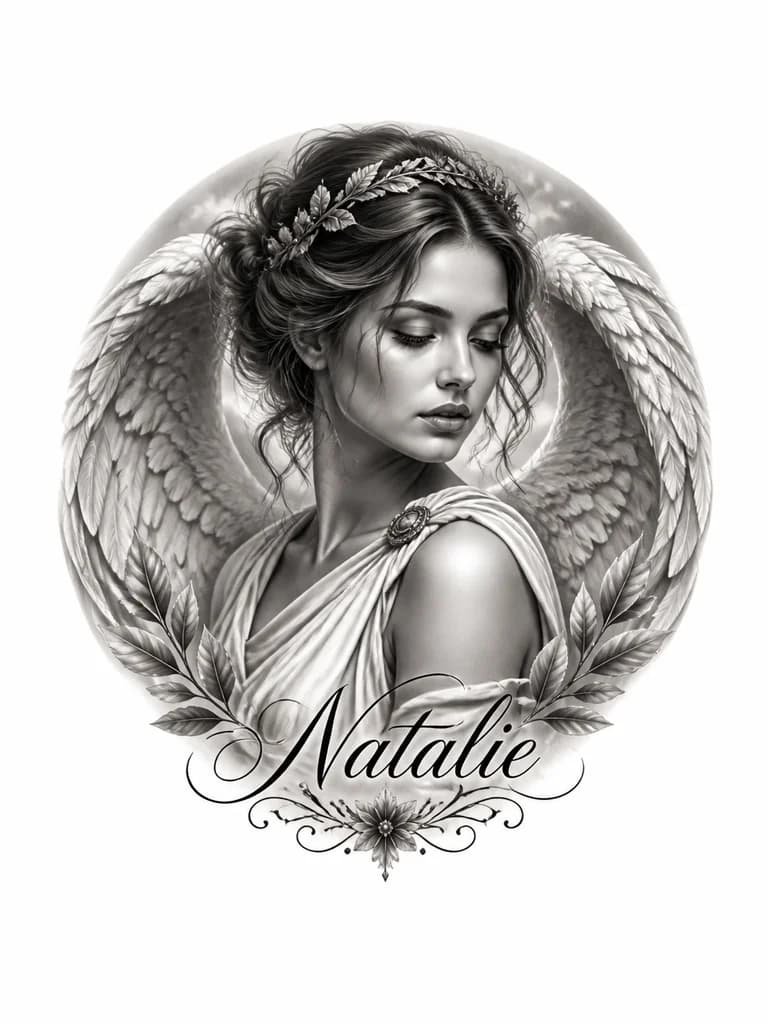 Тату эскиз: Девушка с фото с крыльями ангела в греческом стиле с именем Natalie 