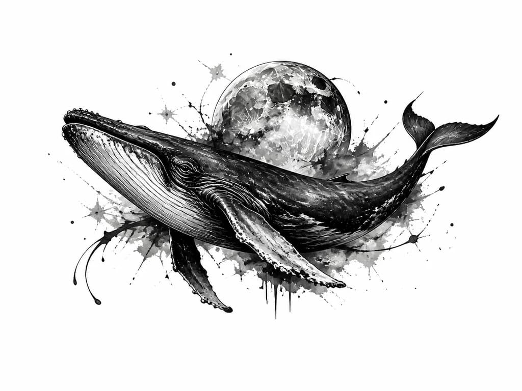 Тату эскиз: Кит не грамоско выглядит, не очень нежно. С луной.Для девушки в черно белом цвете