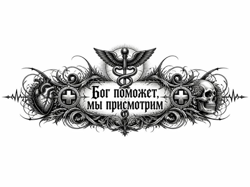 Тату эскиз: татуировка на предплечье, текст в окружении медицинской символики