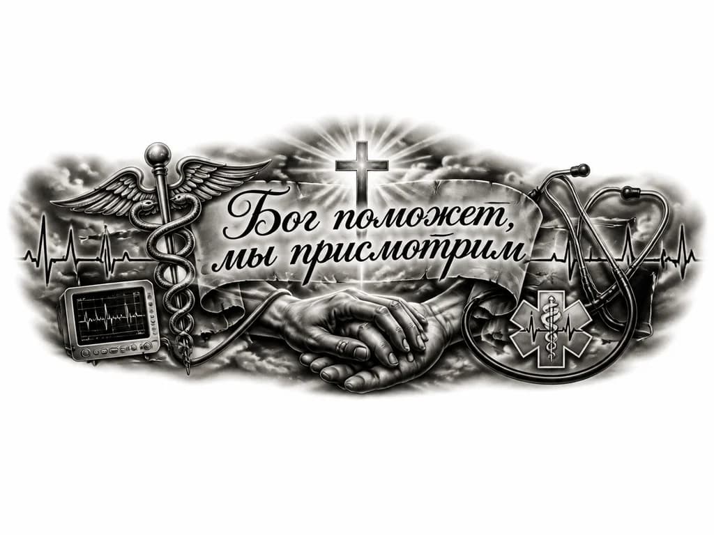 Тату эскиз: татуировка на предплечье, текст в окружении медицинской символики