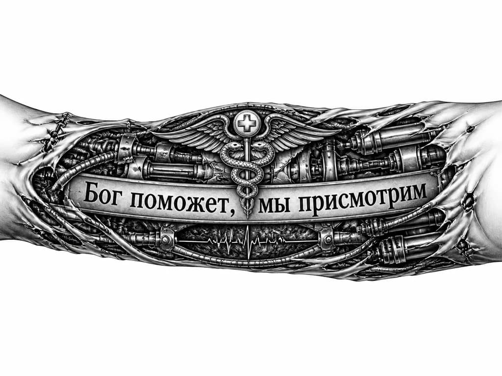 Тату эскиз: татуировка на предплечье, текст в окружении медицинской символики
