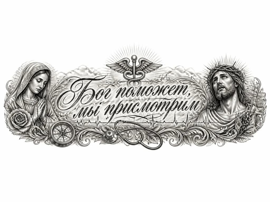 Тату эскиз: татуировка на предплечье, текст в окружении медицинской символики
