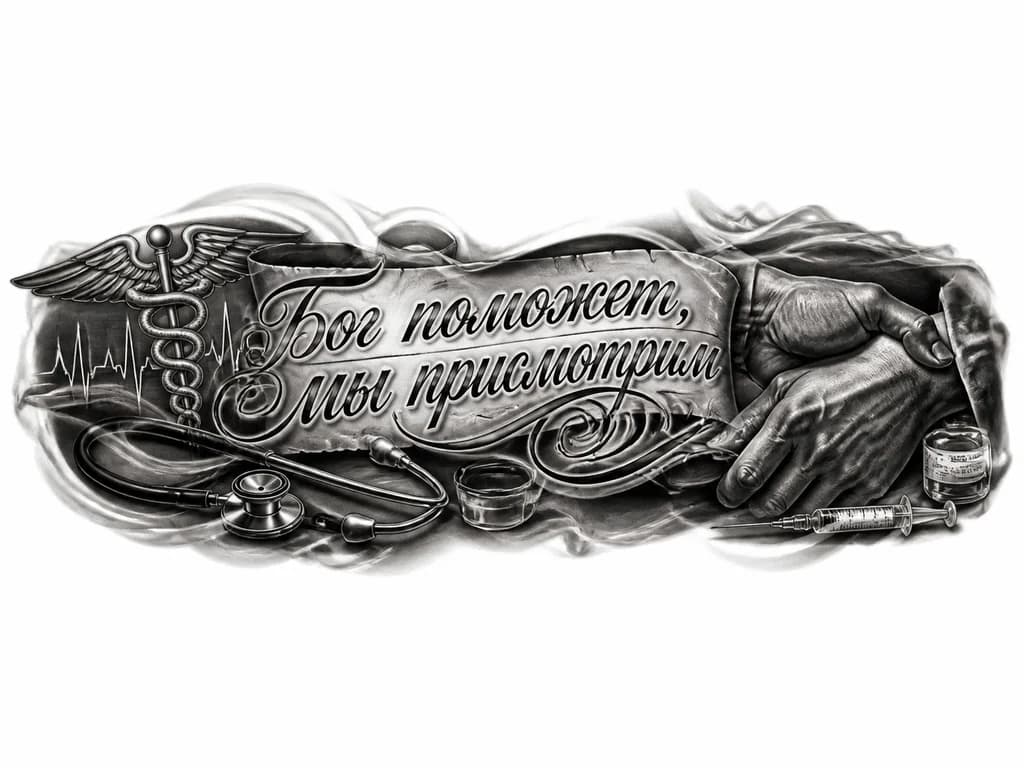 Тату эскиз: татуировка на предплечье, текст в окружении медицинской символики
