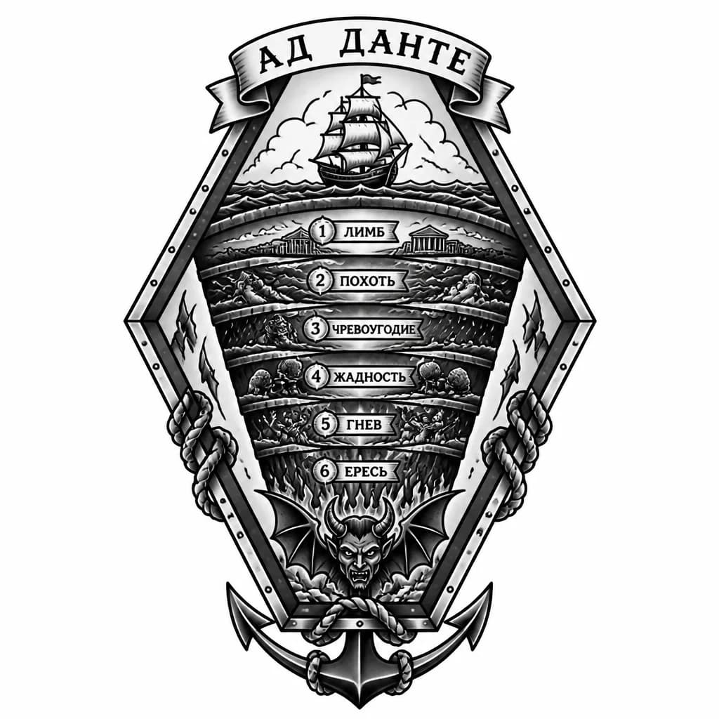 Тату эскиз: Ад Данте ,круги ада ,  в шести угольнике 