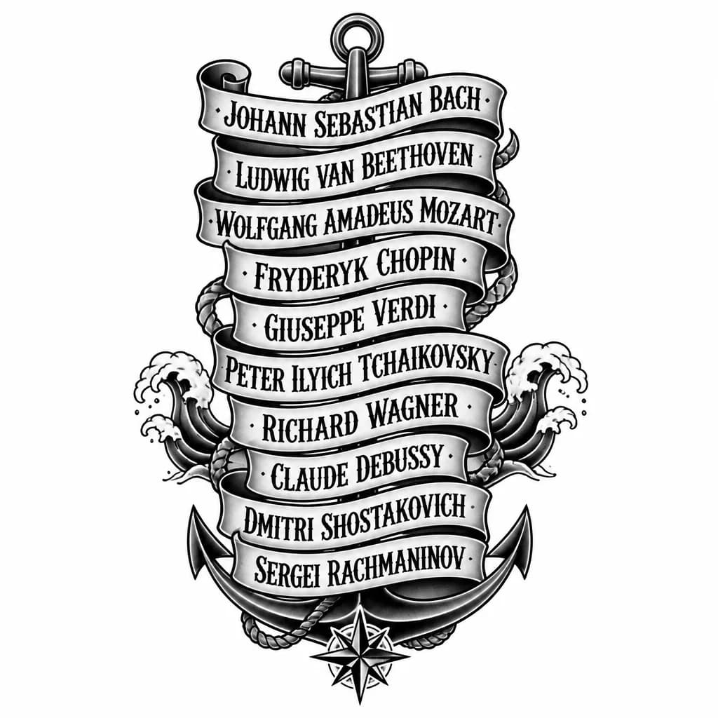 Тату эскиз: картинка в стиле леттеринг надпись- татуировка с именами и фамилиями десяти музыкальных композиторов