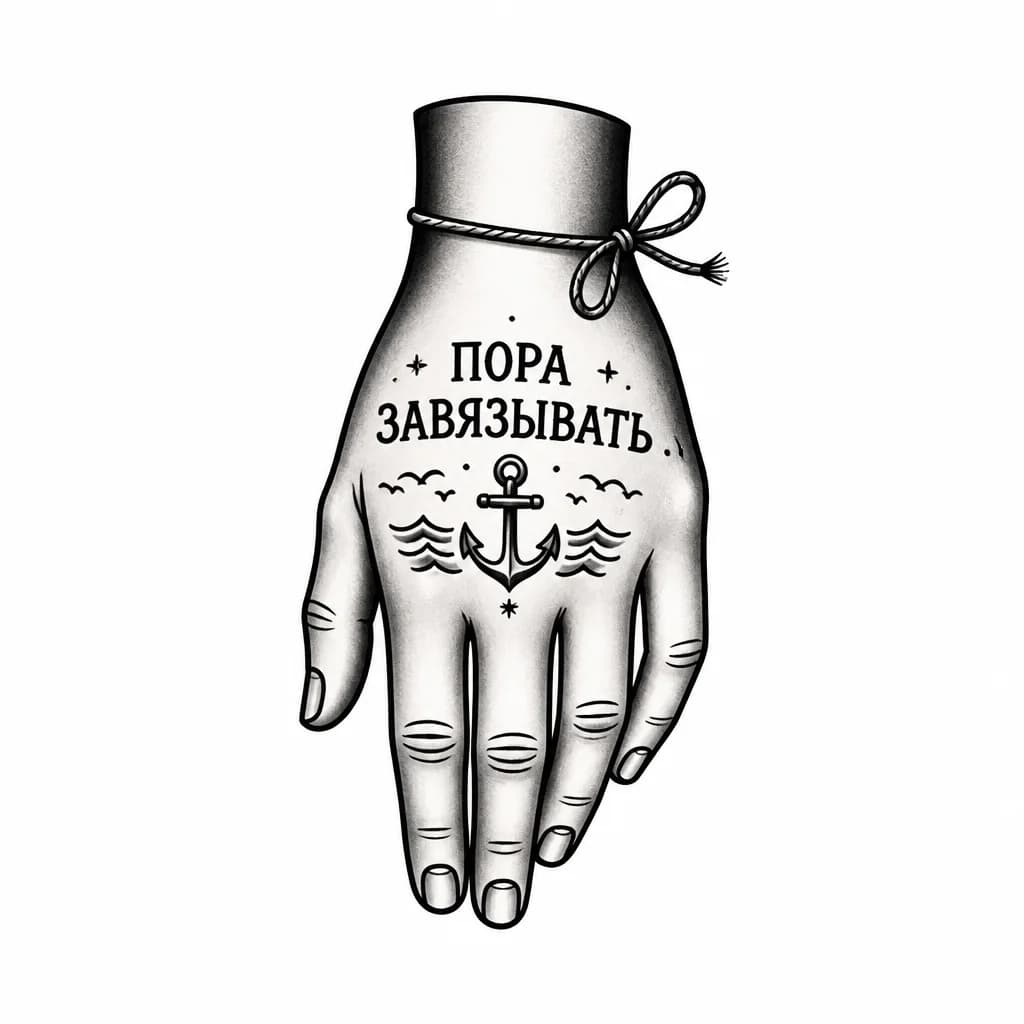 Тату эскиз: татуировка с надписью пора завязывать на кисти с небольшой ниточкой выполненная в черном цвете 