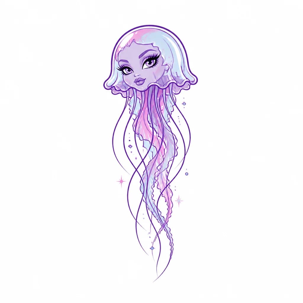 Тату эскиз: медуза в стиле monster high, фиолетовый контур