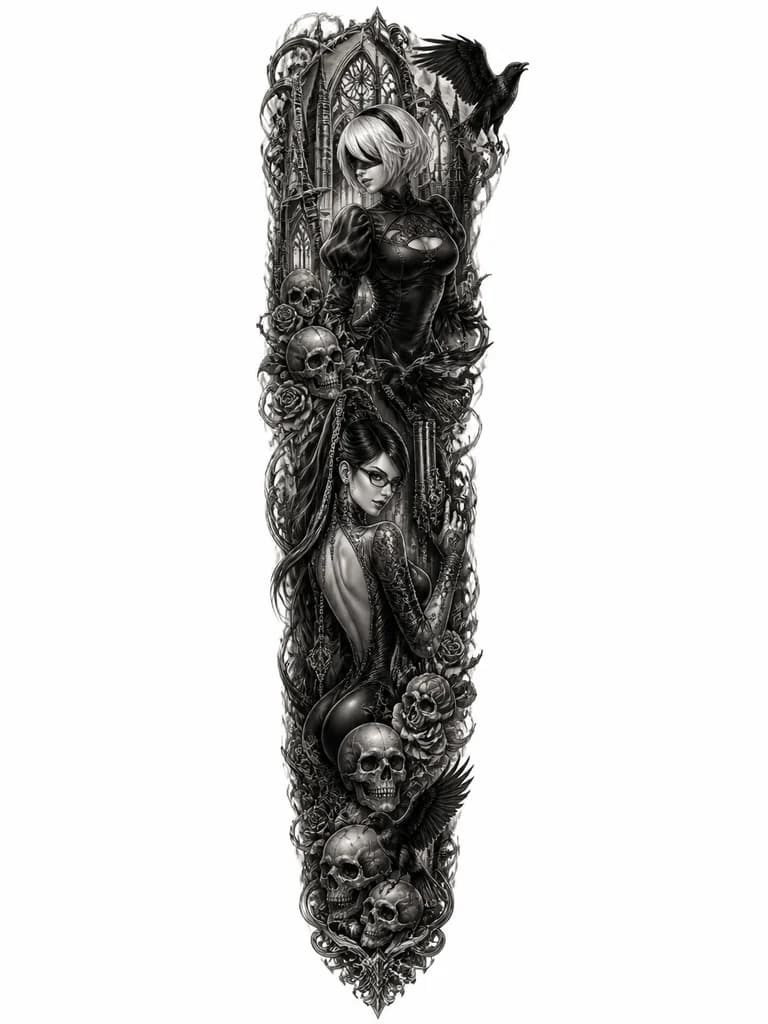 Тату эскиз: Персонаж 2B и персонаж Bayonetta в Сексуальных нарядах
