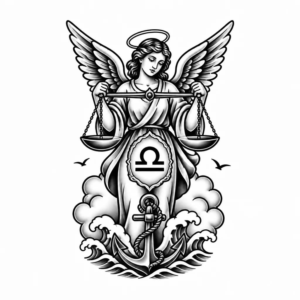 Тату эскиз: Ангел и знак зодиака весы