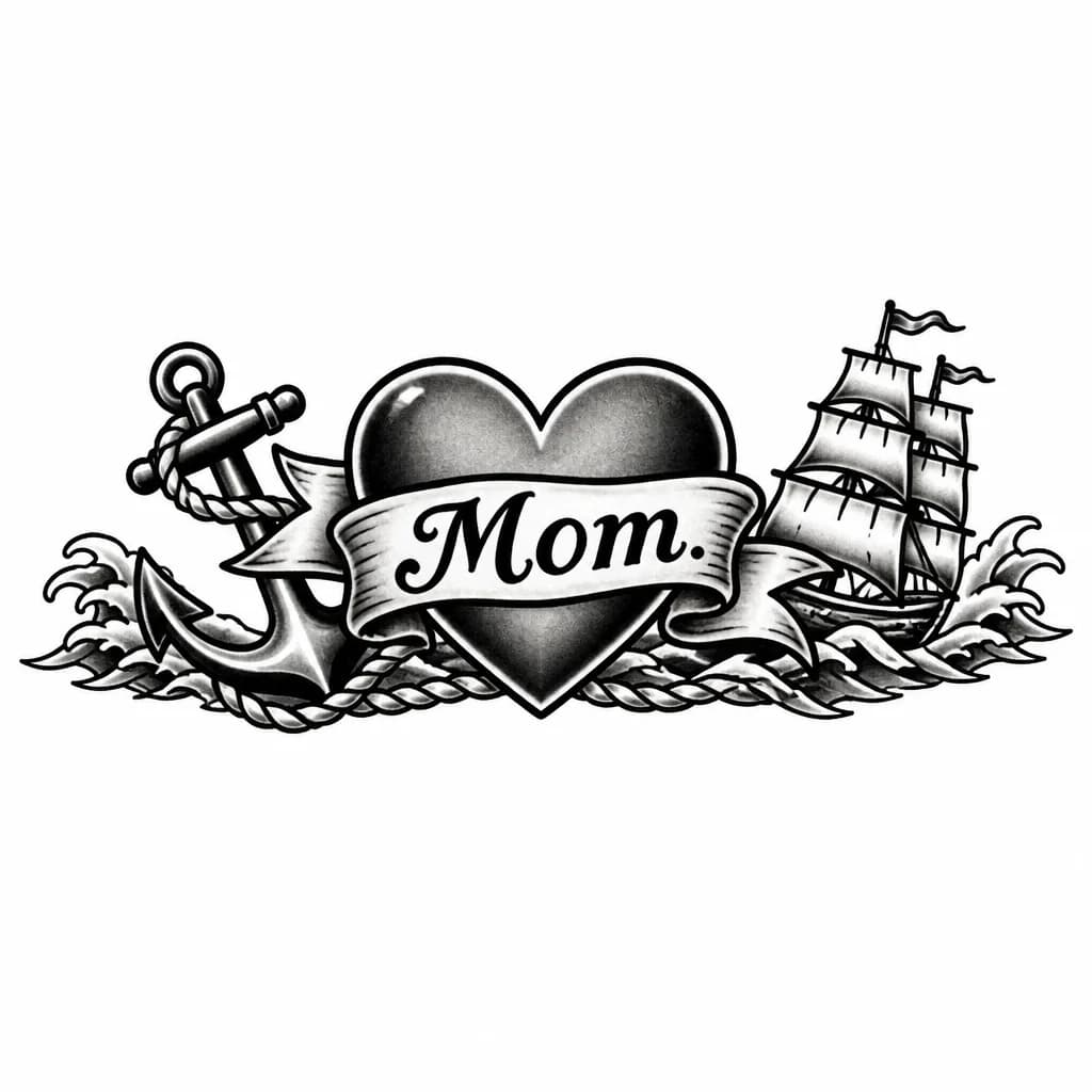 Тату эскиз: Сердце и надпись Mom. 