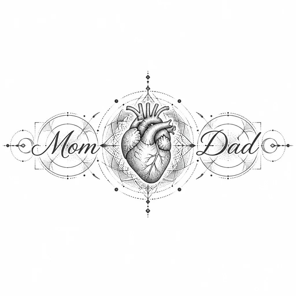 Тату эскиз: Сердце и надпись Mom Dad