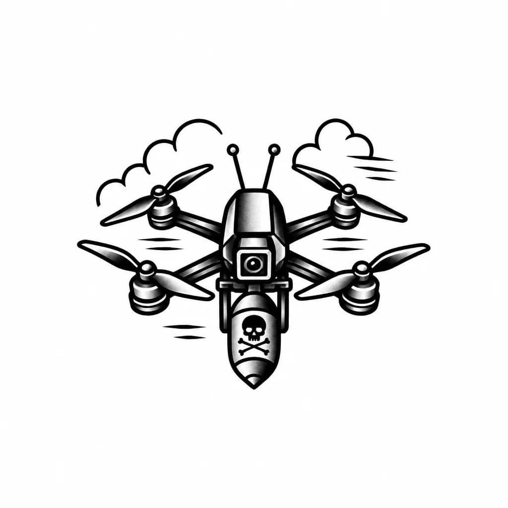 Тату эскиз: Дрон fpv с боевым снарядом с минимальной детализацией. И чтоб выглядело круто. 