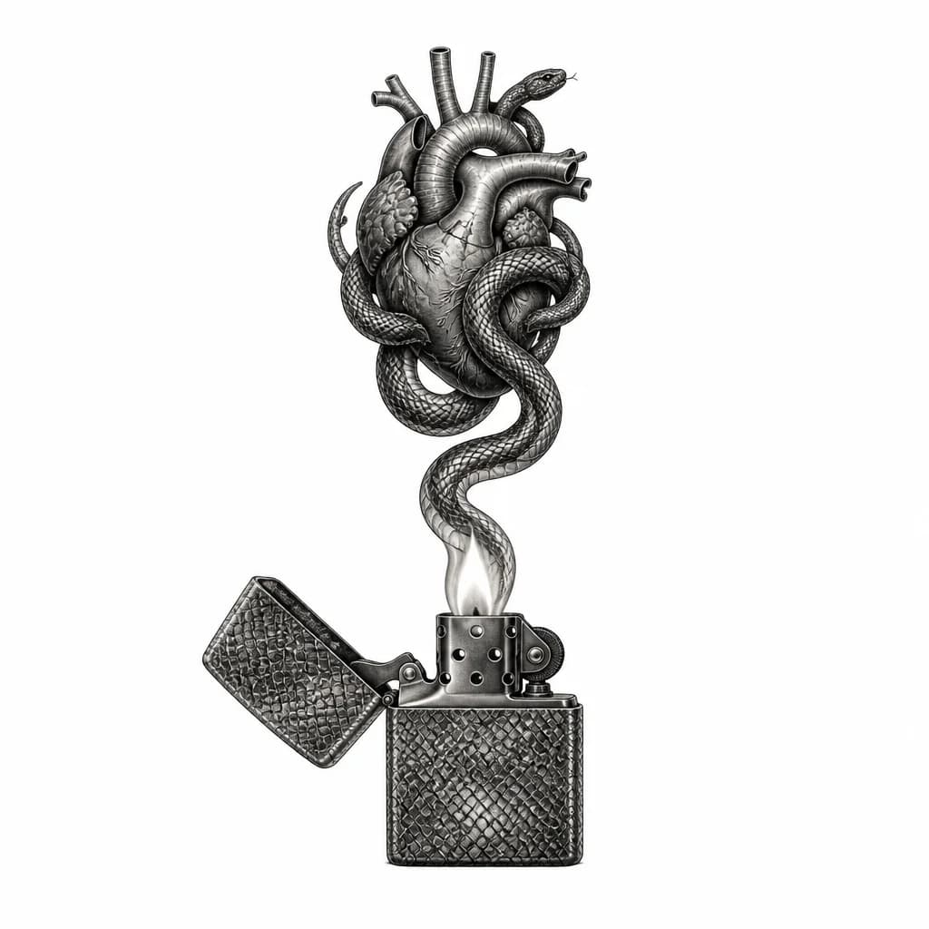 Тату эскиз: Tattoo flash sketch of an open Zippo lighter, the metal case is heavily textured with realistic snake scales. From the bright realistic flame, a snake emerges, twisting and coiling into the sharp silhouette of an anatomical human heart with aortas. Dark art style, fine lines, dotwork shading, blackwork aesthetics, highly detailed, clean white background.