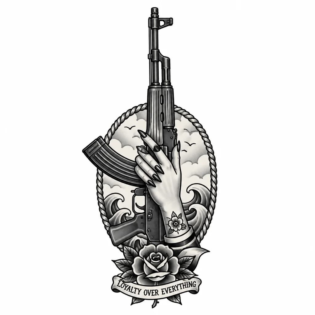 Тату эскиз: Эскиз татуировки в стиле черно-белая реалистичная графика с элементами женственного дотворка (тонкие точки, изящная штриховка, высокая четкость линий). Вертикальная композиция на предплечье или ребро. В центре — детально проработанный автомат Калашникова АК-47, расположенный строго вертикально, стволом вверх, с характерными прорезями на ствольной коробке, ребристым цевьем и пистолетной рукояткой. Автомат держит женская рука с длинными аккуратными ногтями, покрытыми темным лаком, с изящными пальц