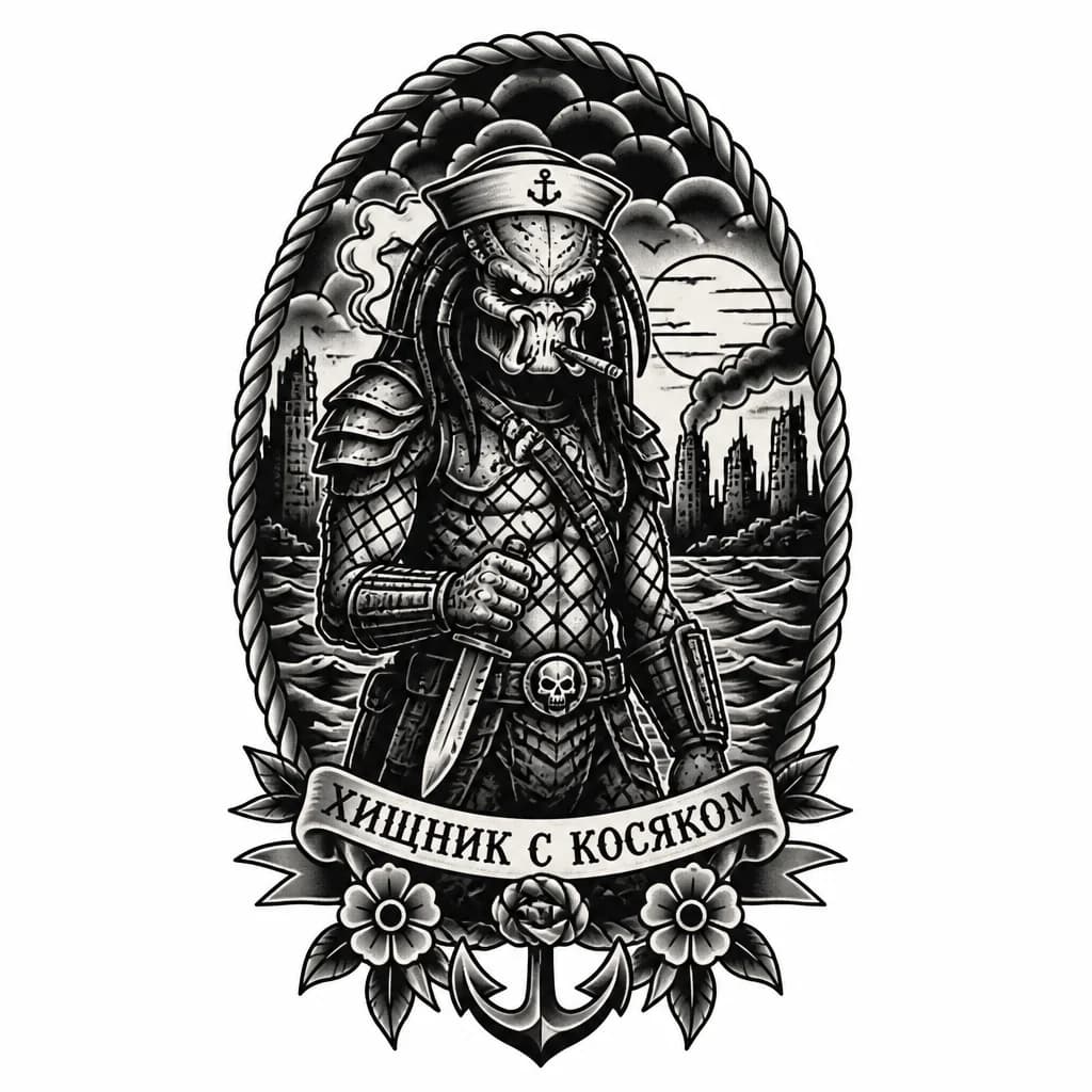 Тату эскиз: Хищник с косяком на фоне апокалипсиса