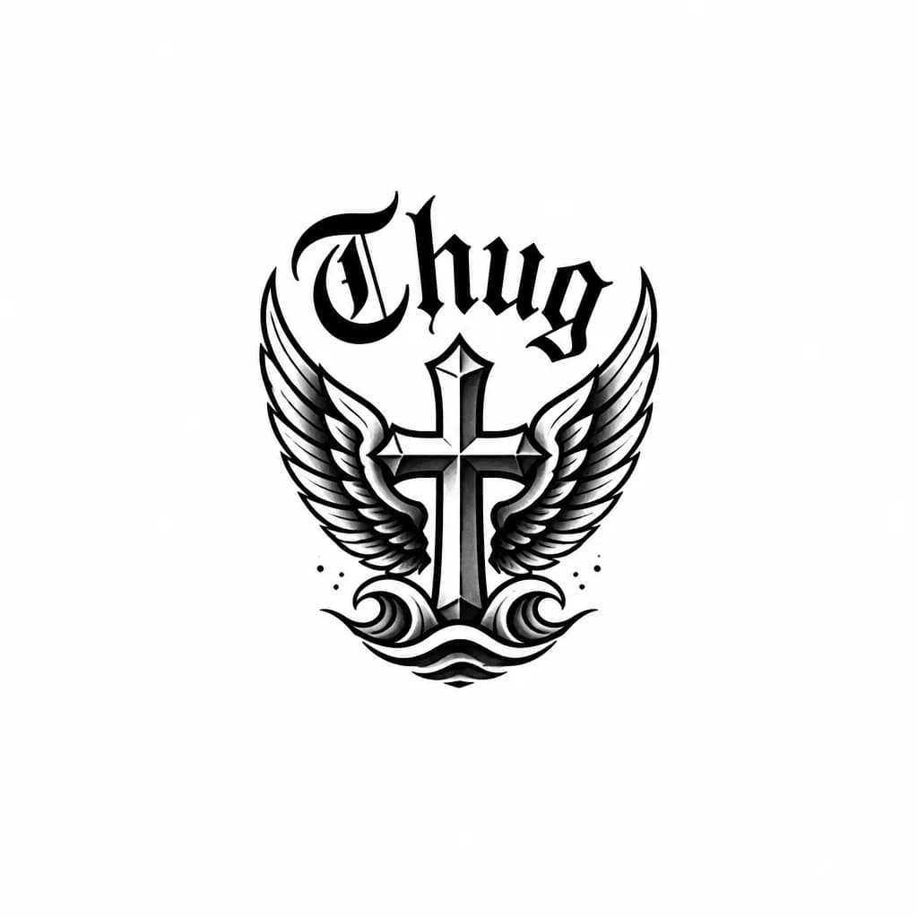 Тату эскиз: Сверху надпись thug , снизу надписи крест с крыльями крылья направлены вверх