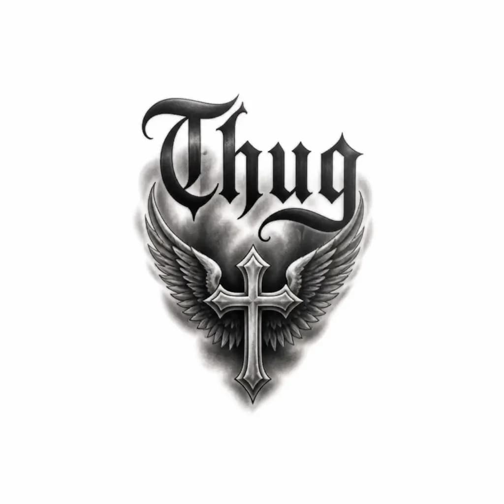 Тату эскиз: Сверху надпись thug , снизу надписи крест с крыльями крылья направлены вверх