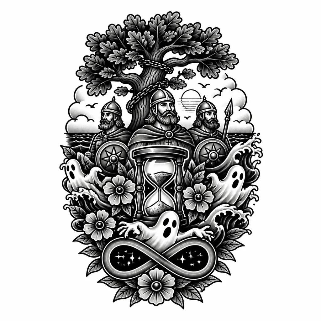Тату эскиз: Лукоморье дуб, три богатыря, время, цветы, море и бесконечность и разные приведения из 60х годов 