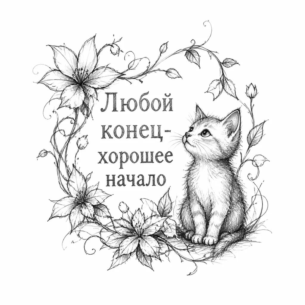 Тату эскиз: Я хочу чтобы рядом с текстом сидел котенок, а вокруг слов были цветы и лианы
