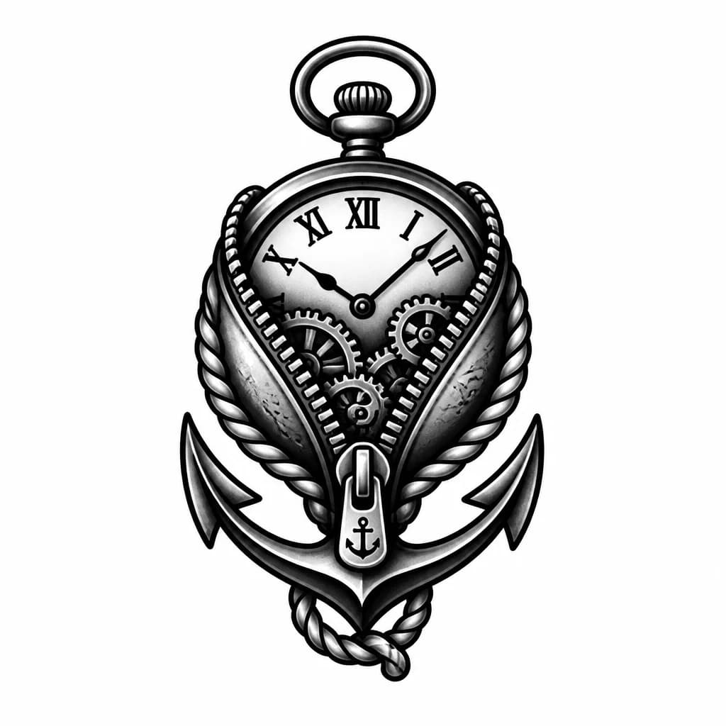 Тату эскиз: молния-собачка растегнута наполовину
внутри растегнутого часовой механизм