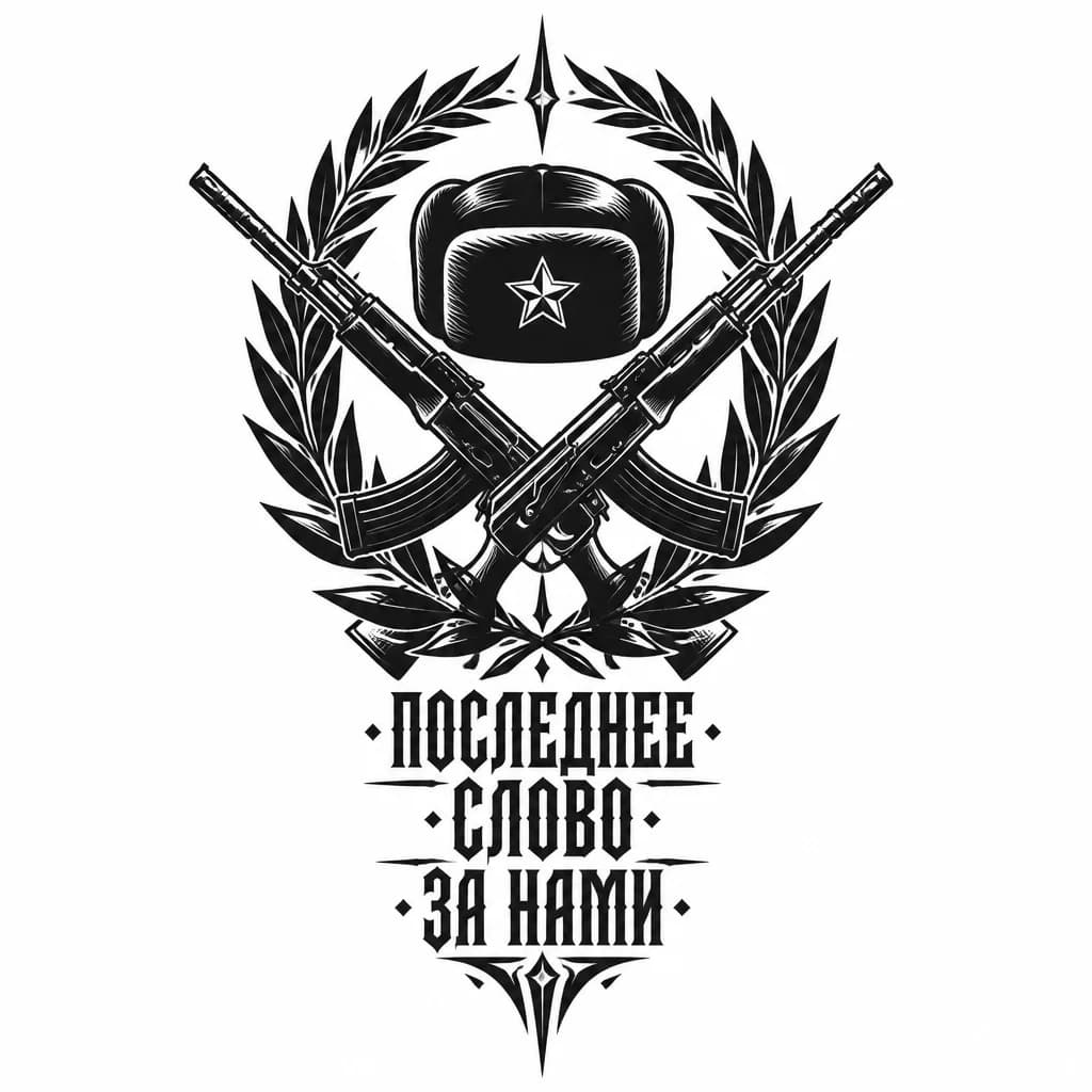 Тату эскиз: Перекрещеные автоматы с венком вокруг , по середине шапка бойца 